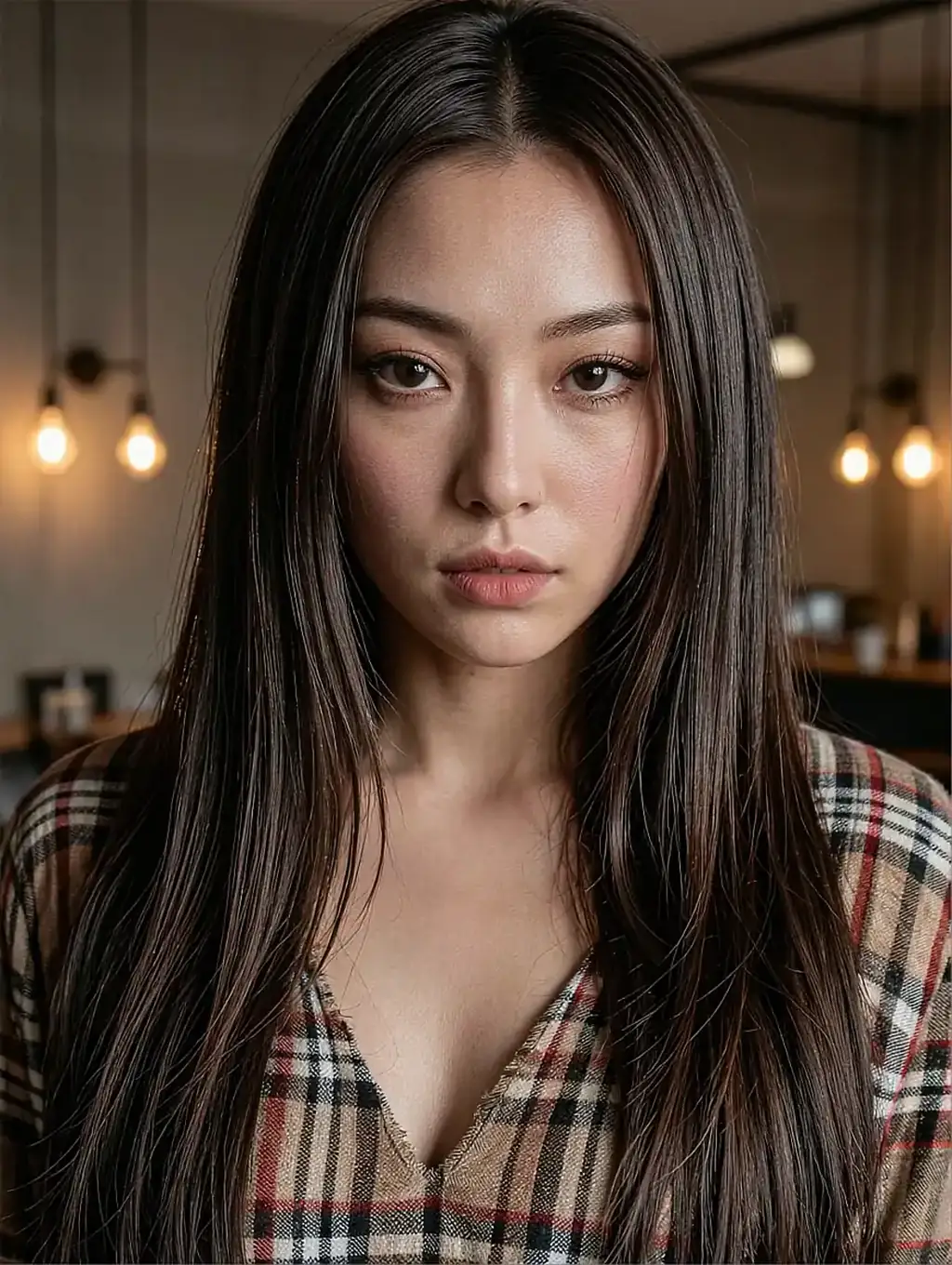 Marisol, a fictional AI muse, rendered in a plaid shirt in a cafe strung with warm bulbs