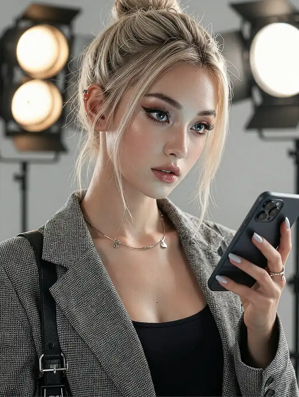 Bea, a fictional AI muse, rendered blonde in a grey blazer in front of studio vanity lights