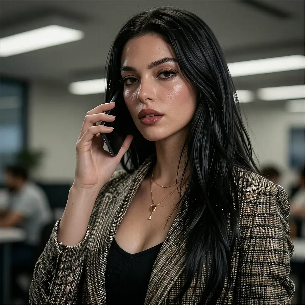 Rendered portrait in the LesbianAI Art studio frame: a fictional AI muse in a checked blazer, phone to her ear in an open-plan office
