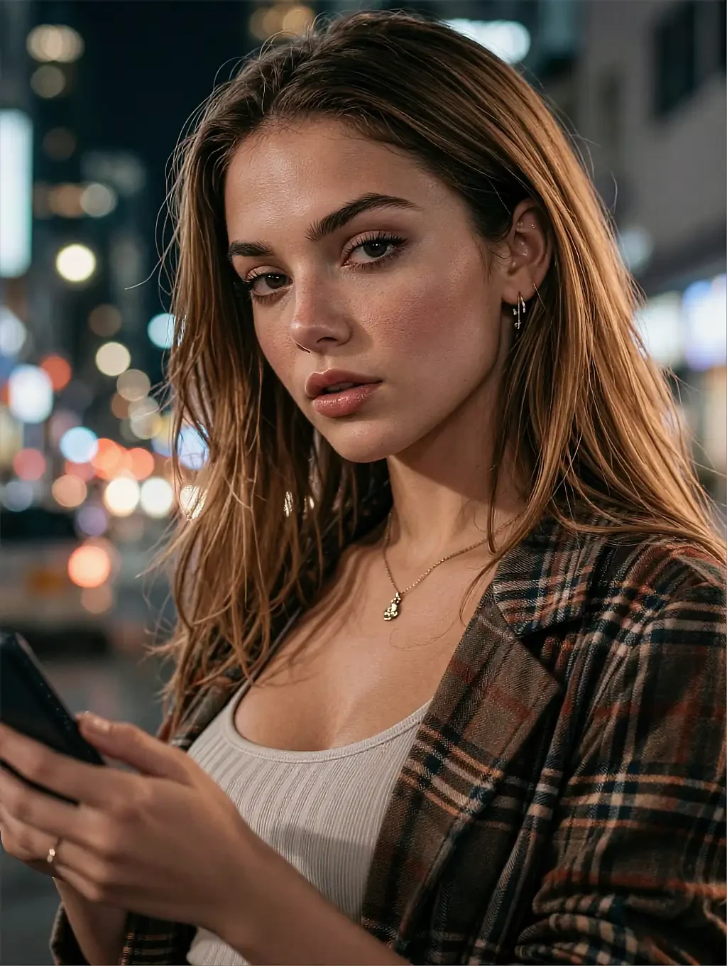Lesbian AI art render of a fictional muse holding her phone, city lights blurred behind her