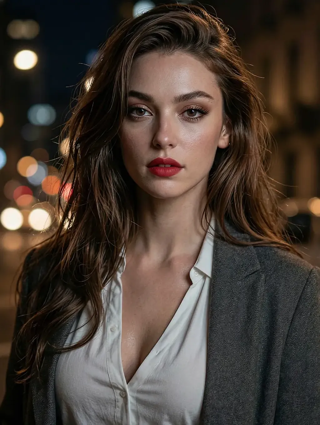 Lesbian AI art render of a fictional muse in a white shirt and grey blazer on a night street