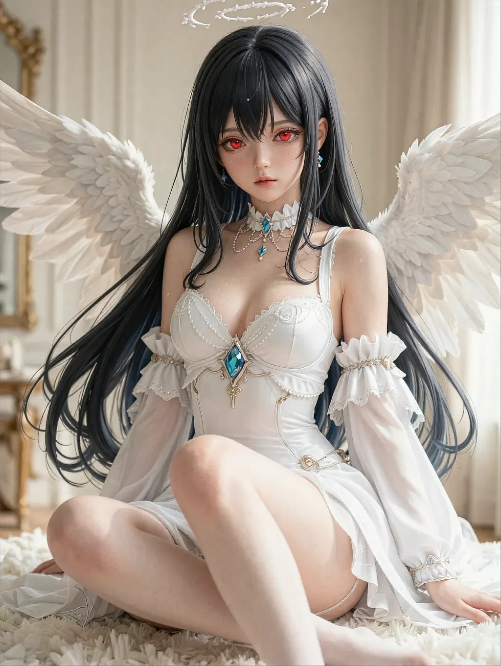 Sapphic AI art in anime style: a fictional AI muse with feathered wings in a white dress